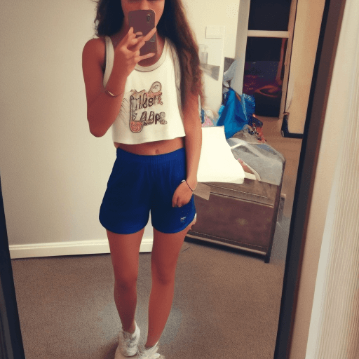 AI generated: College girl with glasses wearing shorts and a tank top.