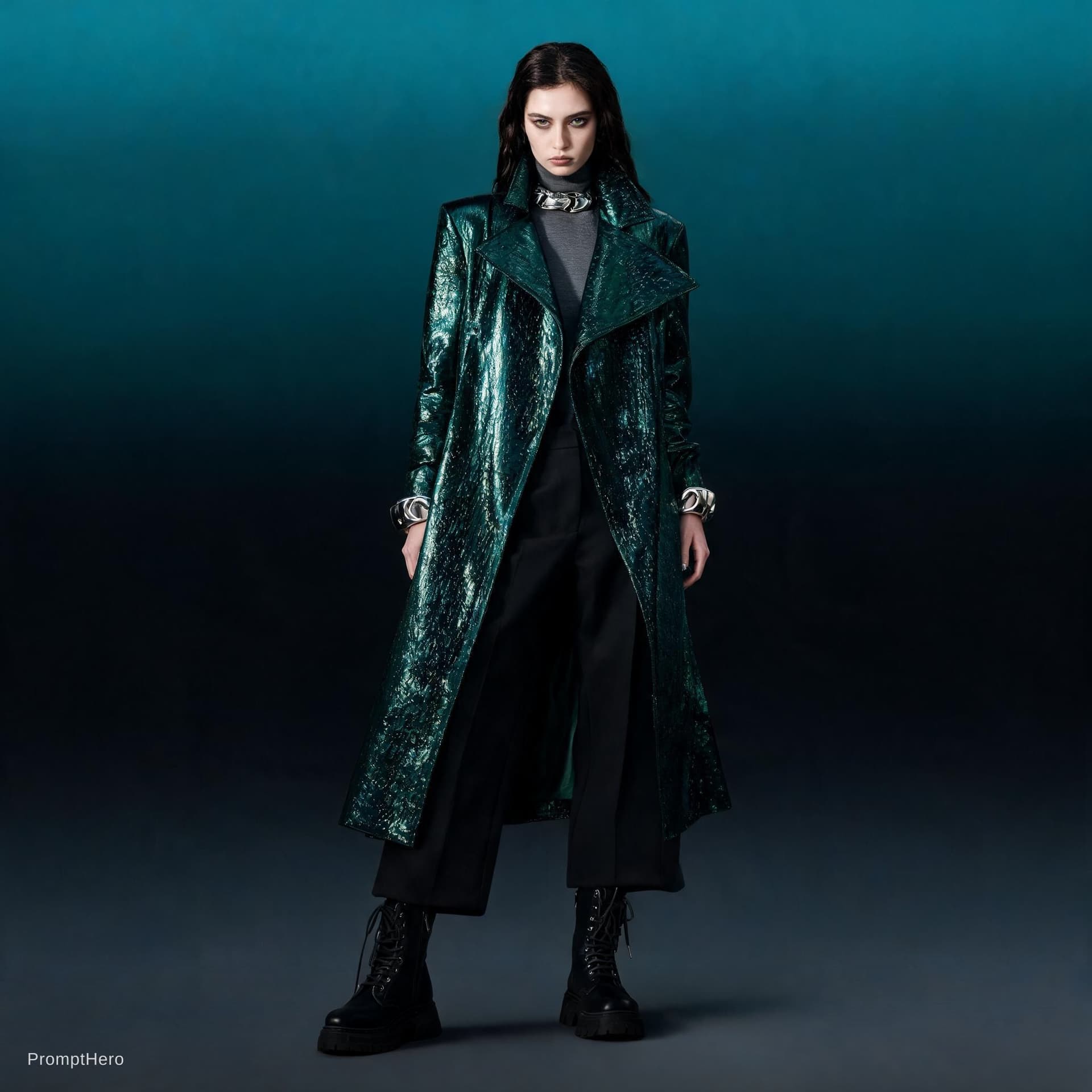 AI generated: fashion portrait, full body, front view, woman wearing an avant-garde, androgynous outfit consisting...