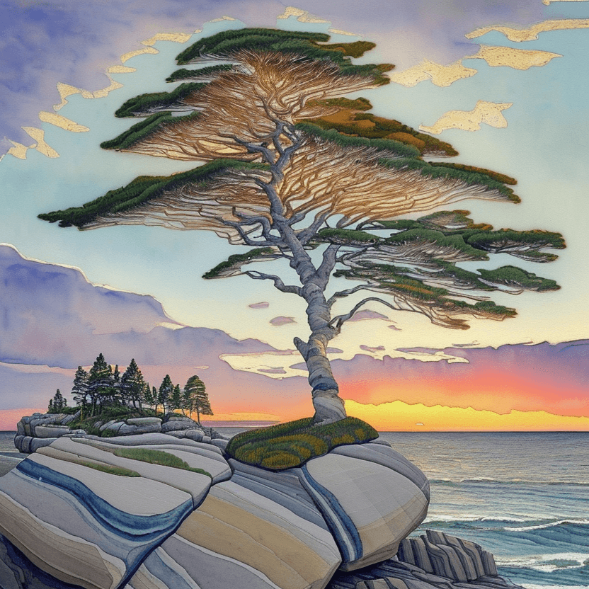 AI generated: a painting of a tree sitting on top of a rock, a watercolor painting, inspired by Arthur Lismer, cg ...