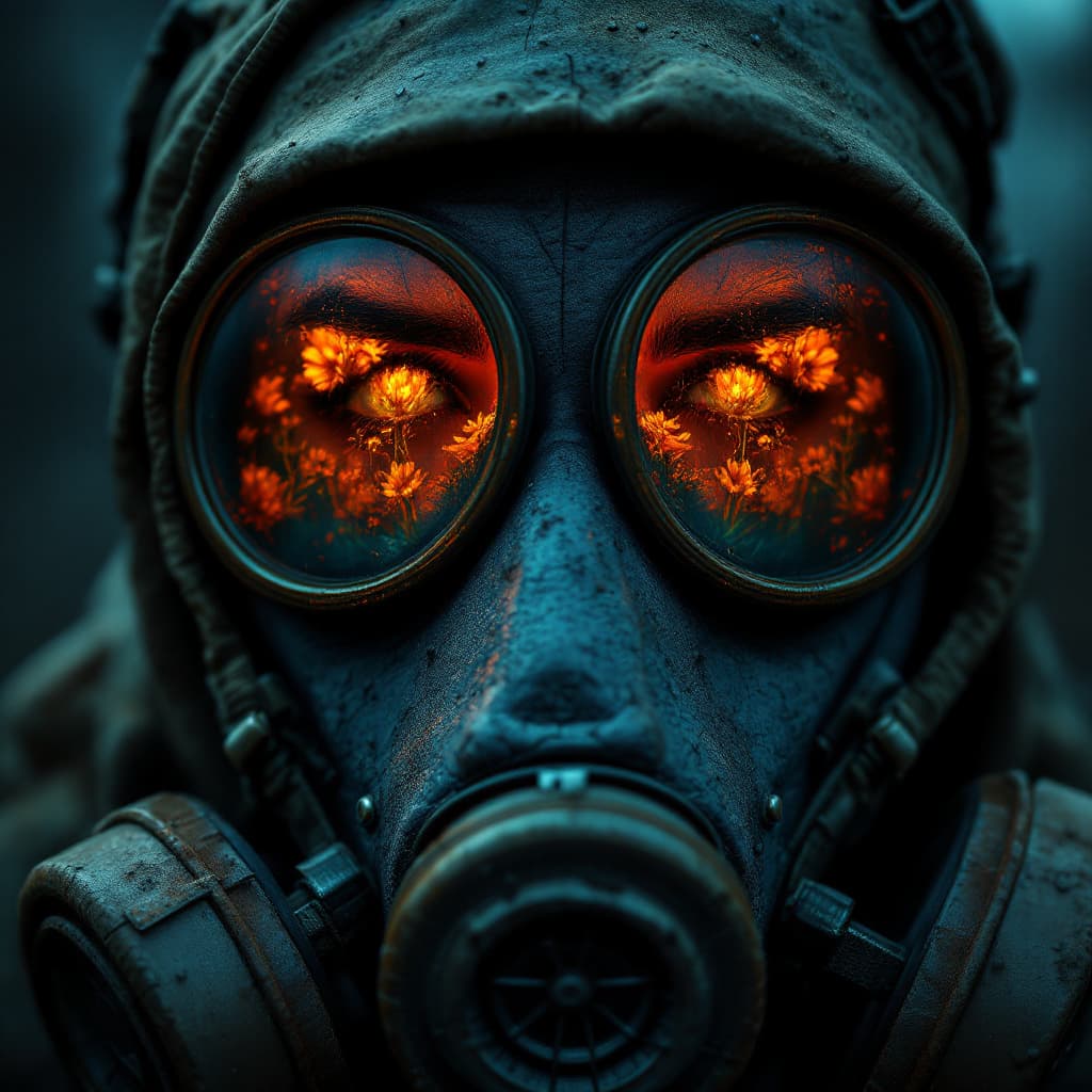 AI generated: A close-up shot of a Chernobyl liquidator's gas mask, filling the frame with gritty, realistic detai...