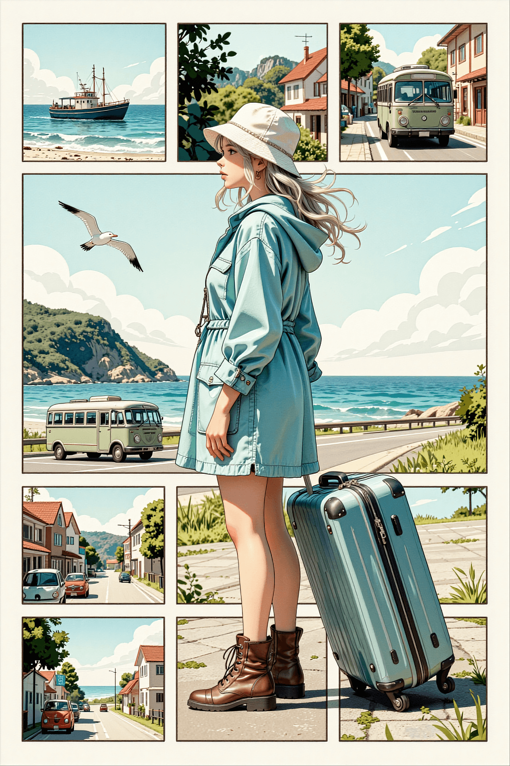 AI generated: A vertical comic book page illustration rendered in a vintage "ligne claire" (clear line) style with...