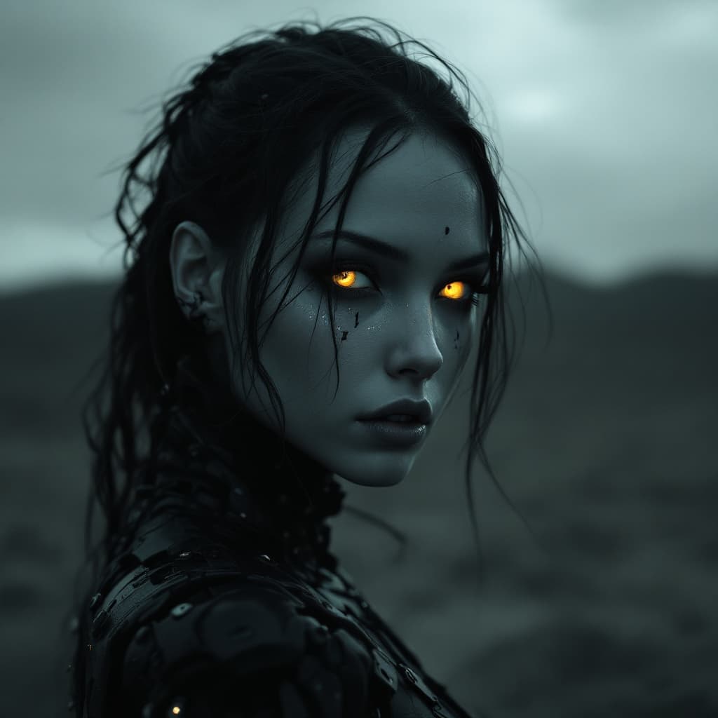AI generated: A mesmerizing photograph capturing the ethereal beauty of the Terminator Girl, with her cyborg featu...
