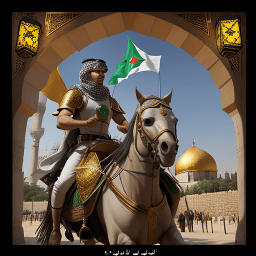 AI generated: Ramadan lantern flyer, with some golden decorations, knights in Palestinian resistance uniforms, wea...