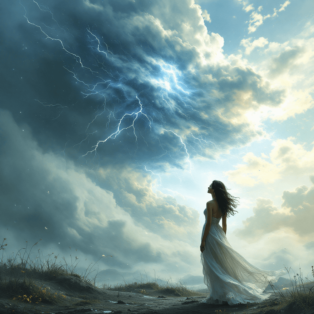 AI generated: A fantasy scene where the weather reflects a woman’s emotional state, shifting storms to clear skies...