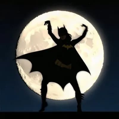 AI generated video: the silhouette of batgirl dances a 1967 dance style against the full moon in the background as her h...