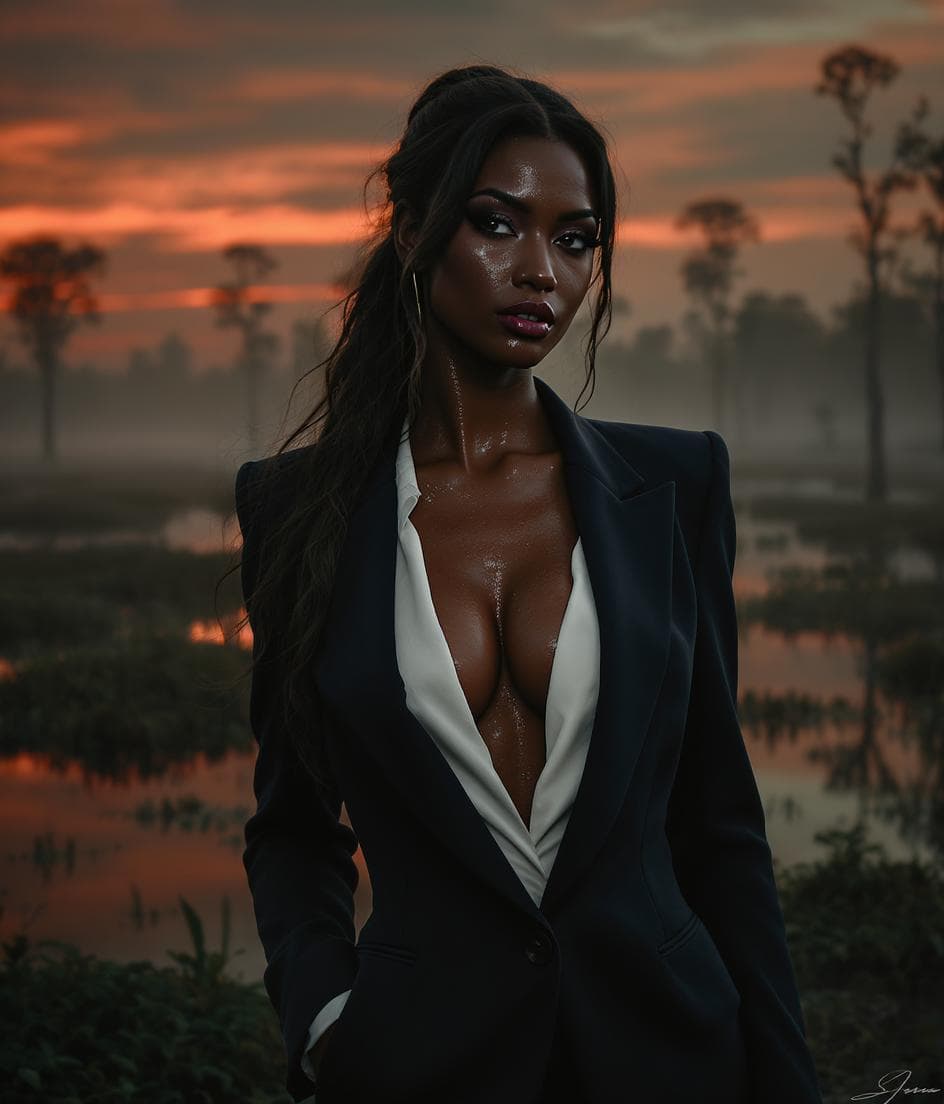AI generated:  The background of the image depicts a swampy landscape at sunset. The sky is a dramatic display of ...