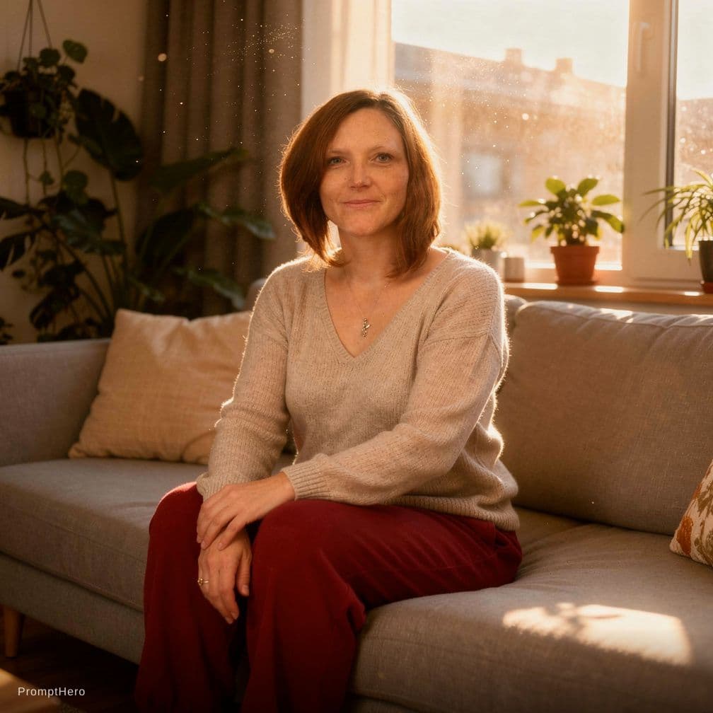 AI generated: masterpiece, 8k, A hyper-realistic, cinematic photograph of a woman sitting casually in front of a c...