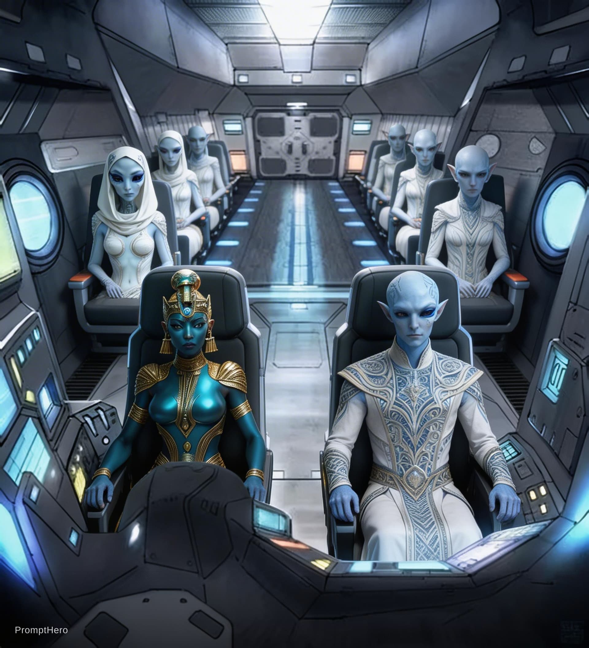 AI generated: Sci-Fi scene. Place the blue alien in the left seat of the cockpit. Place one of the male aliens fro...