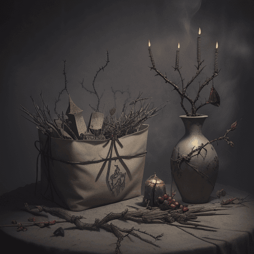 AI generated: Rustic gris-gris bag with magic symbols scribed on it, tied by thorns, holes with magic items sticki...