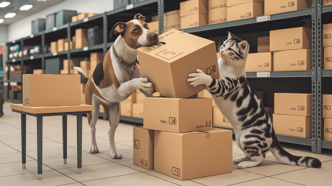 AI generated: A lifelike scene of a dog and a cat working together as employees in a retail store as they handle a...