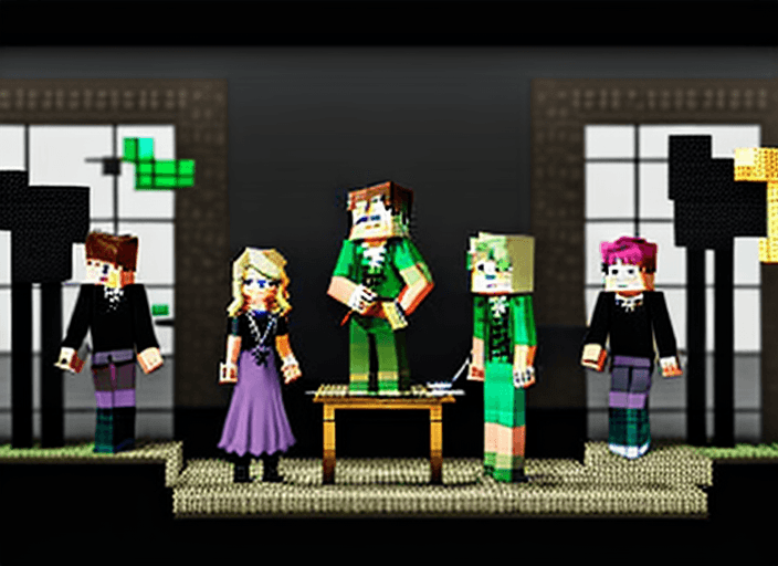 AI generated: minecraft style concept art of three architects, one girl with dark hair, a boy with blond hair and ...
