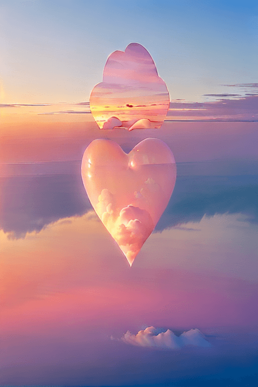 AI generated: Envision a serene dawn over a tranquil sea, where a heart-shaped cloud, ethereal and light, floats i...
