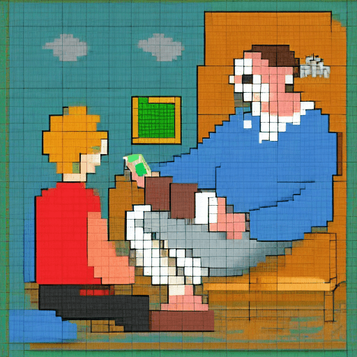 AI generated: reading book with man,pixel art
