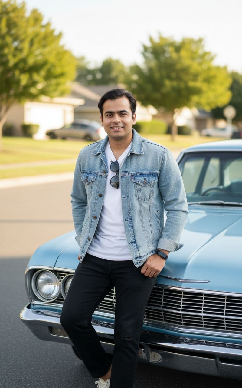AI generated: Subject: A friendly late-20s man. Clothing: Light wash denim jacket (type II style), plain white t-s...