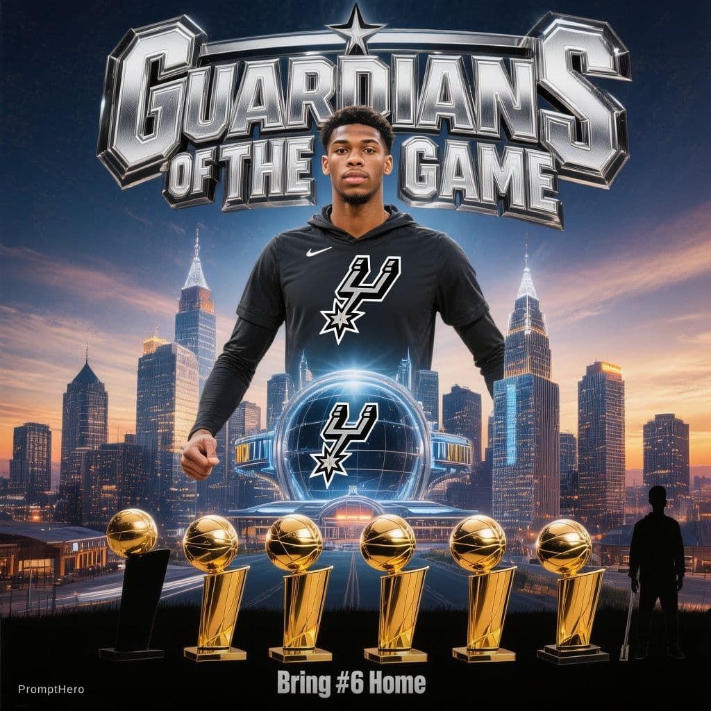 AI generated: create for me a graphic of the San Antonio Spurs (PG: De'Aaron Fox SG: Stephon Castle; SF: Devin Vas...