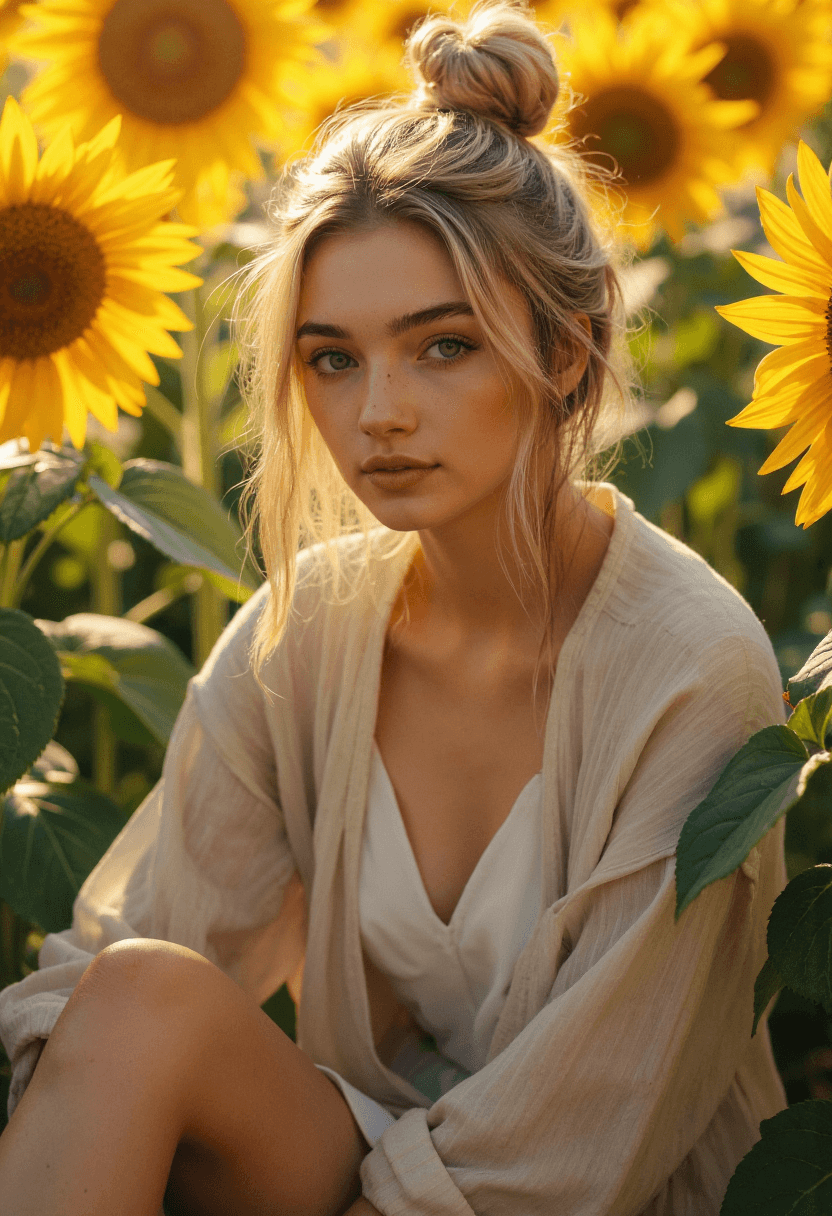 AI generated: A young woman sits amidst a sea of towering sunflowers, their bright yellow petals shining like a ra...