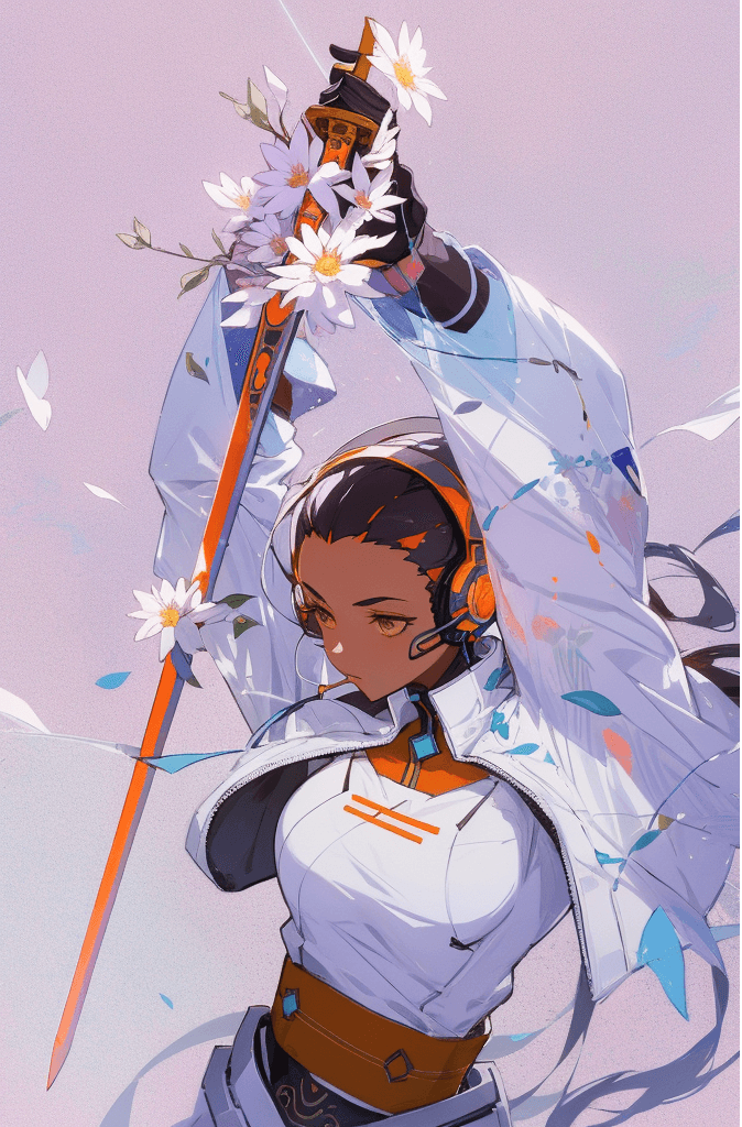 AI generated: a painting of a woman holding a flower sword, pixiv contest winner, afrofuturism, with head phones, ...