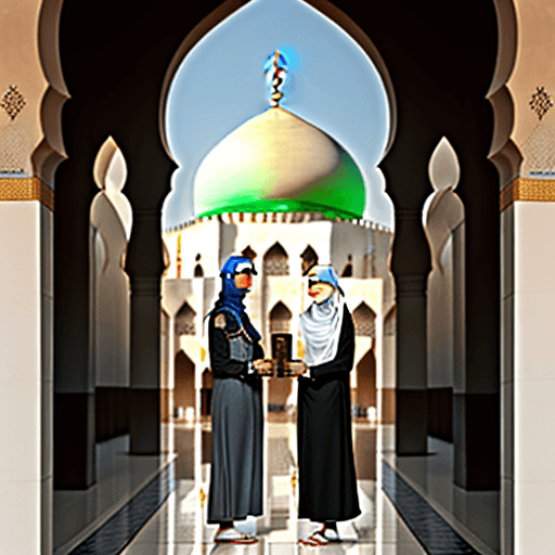 AI generated: Award-winning portrait of two people, in Muslim style, wearing hijab, At the Quba Mosque, scene carr...