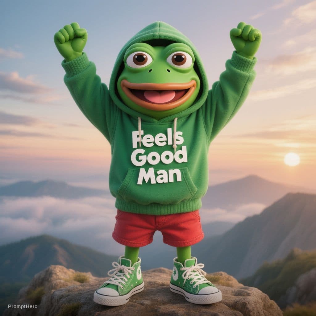 AI generated: Make me an an album cover of a cute anime pepe_frog in a green hoodie, red shorts and green sneakers...