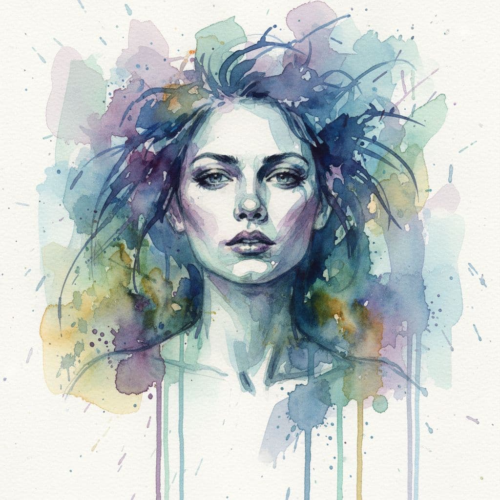 AI generated: Watercolor portrait of a woman, free brushwork --chaos 75 --ar 1:2 --style raw --profile rsy6uq9 --s...