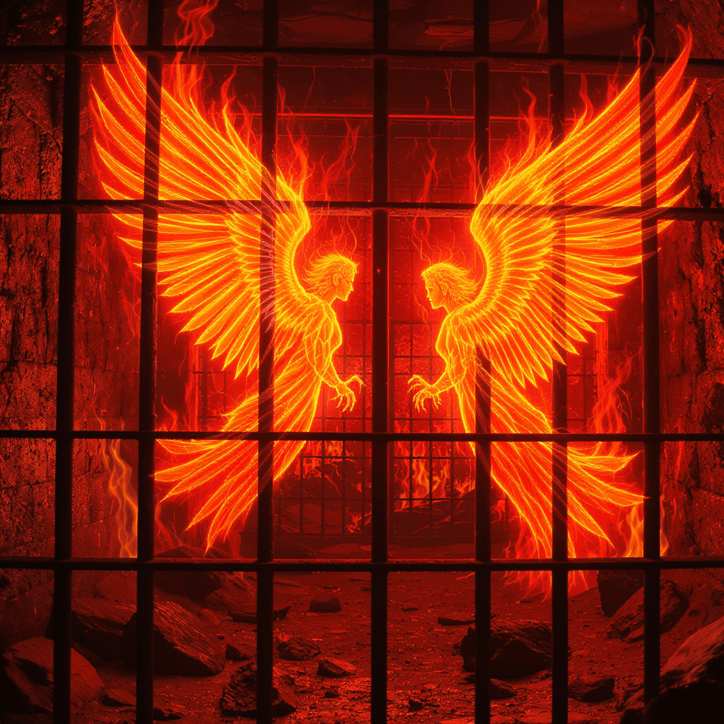 AI generated: macroview of angels in shape of holographic bold brushstrokes in hell prison,ultrarealistic mini peo...