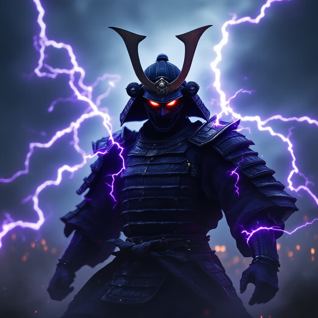 AI generated: A dark-faced samurai warrior with glowing red eyes, wearing traditional samurai armor, his face part...