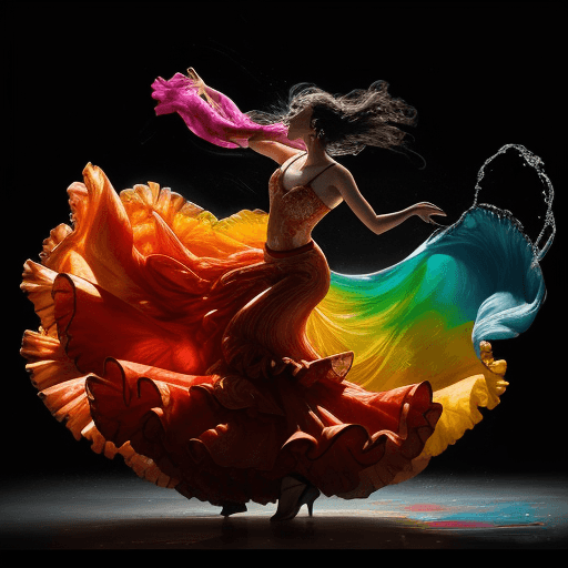 AI generated: A Flamenco dancer with a long flowing dress dissolving into colorful liquid oil, blowing in the wind...