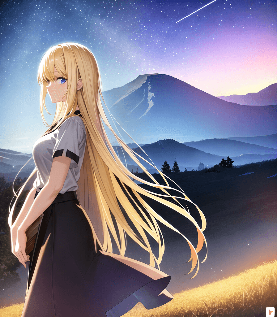 AI generated: ((perfect anime illustration)), 1girl, blonde hair, long hair, night sky, 9:00 pm, fireworks, ((((gi...