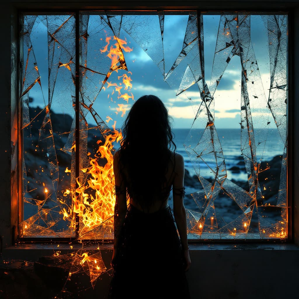 AI generated: Hyper realistic eye level exterior photo of a mA solitary female Pyrokinesis exhibitionist goth figu...