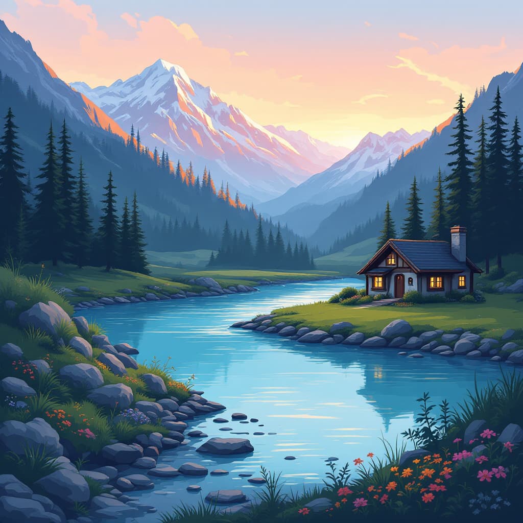 AI generated: "Create a cartoon-style illustration a house near river and mountain"