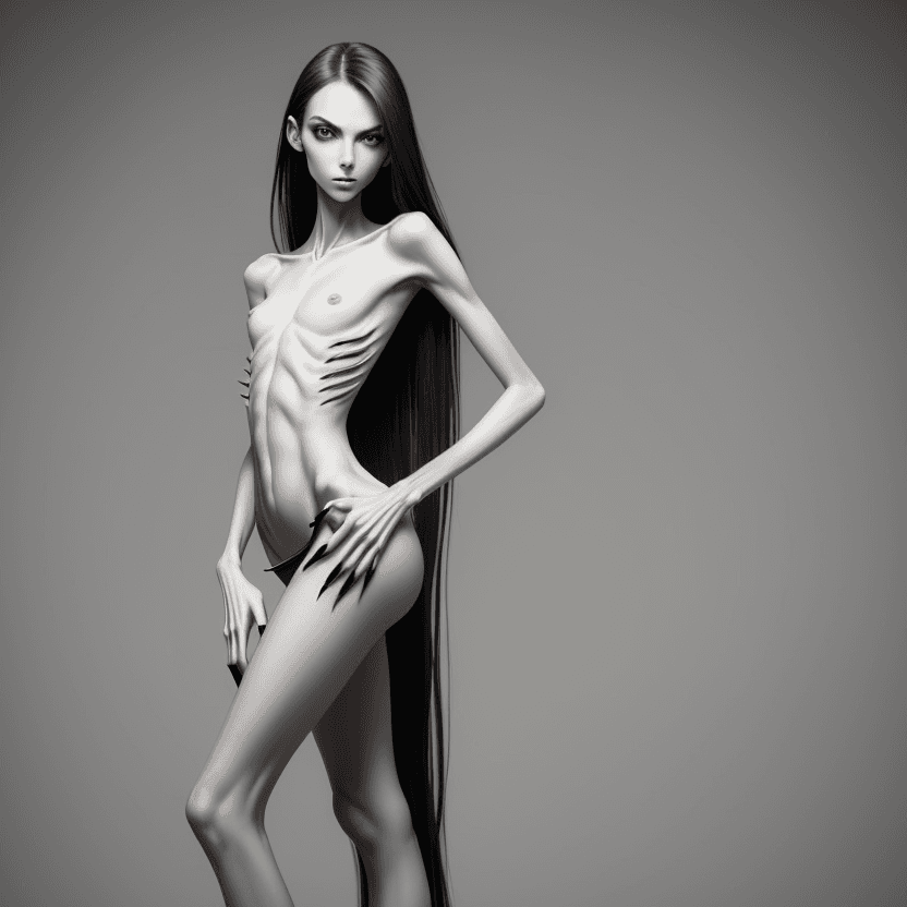 AI generated: photo of face an extremely skinny, flat-chested model with very elongated long nails, like claws pla...