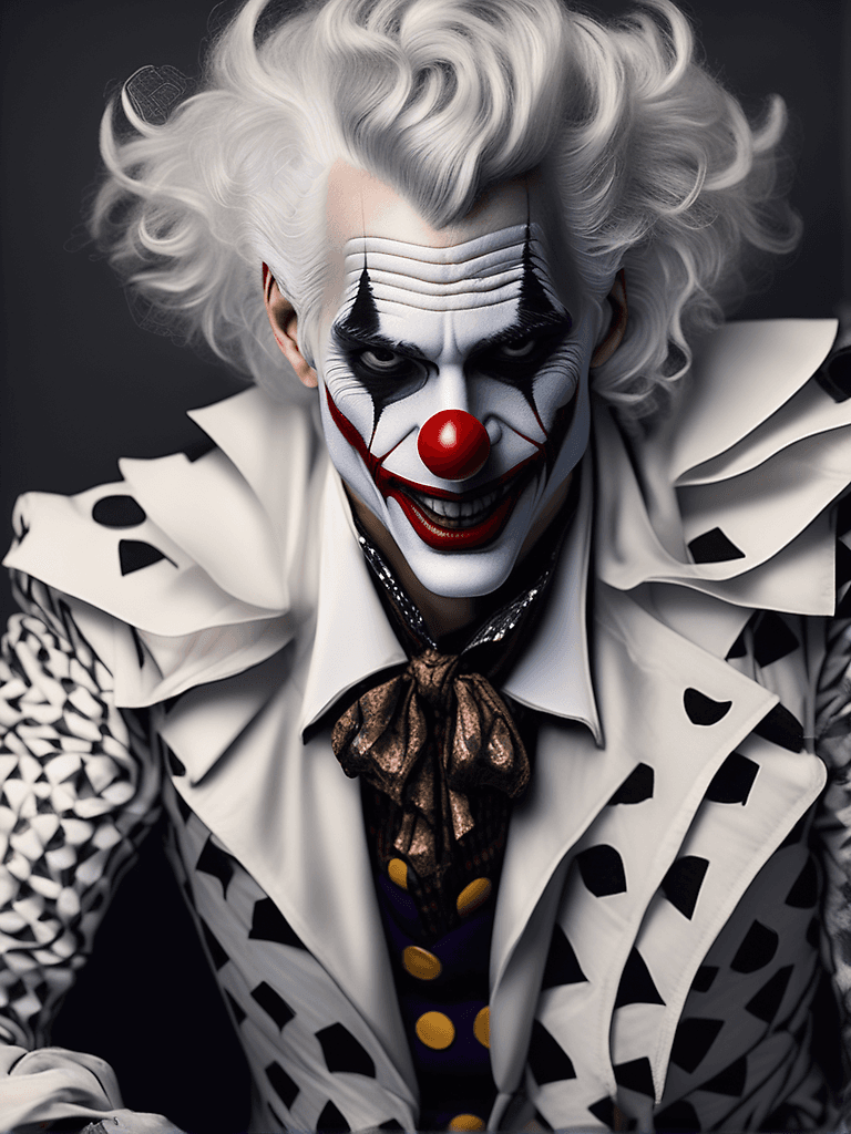 AI generated: Fashion photography of a joker, 1800s renaissance, clown makeup, editorial, insanely detailed and in...
