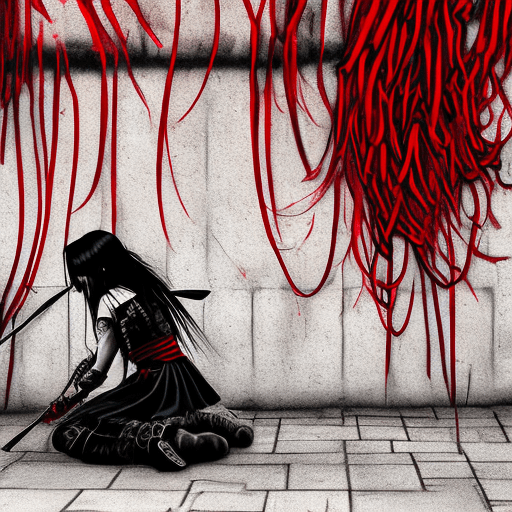 AI generated: a girl kneels down behind a wall holding a sword, in the style of cybergoth, red threads, midwest go...