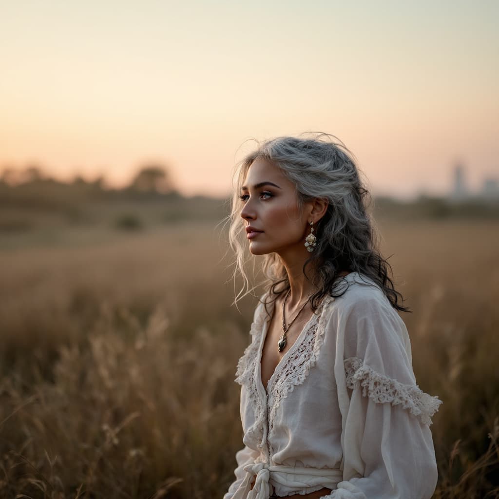 AI generated: style photographique réaliste, une femme ,Ciri ,cheveux noirs, âgée, en robe d'été