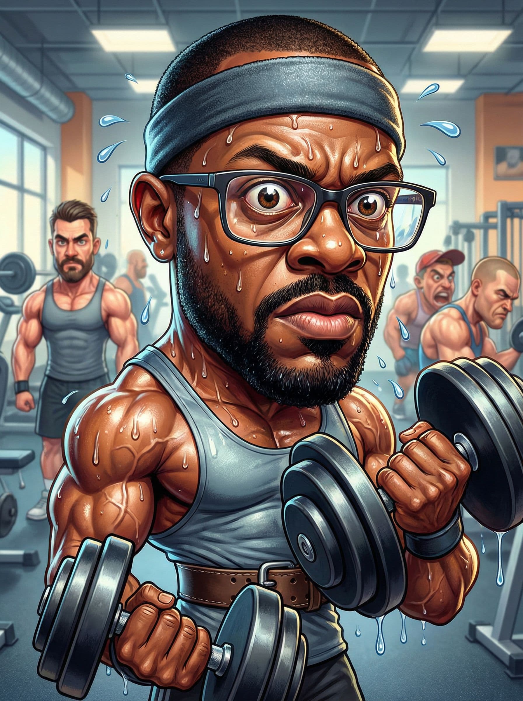 AI generated: funny caricature, ultra-fit enthusiast caricature, adult african-american male, 28 years old, extrem...