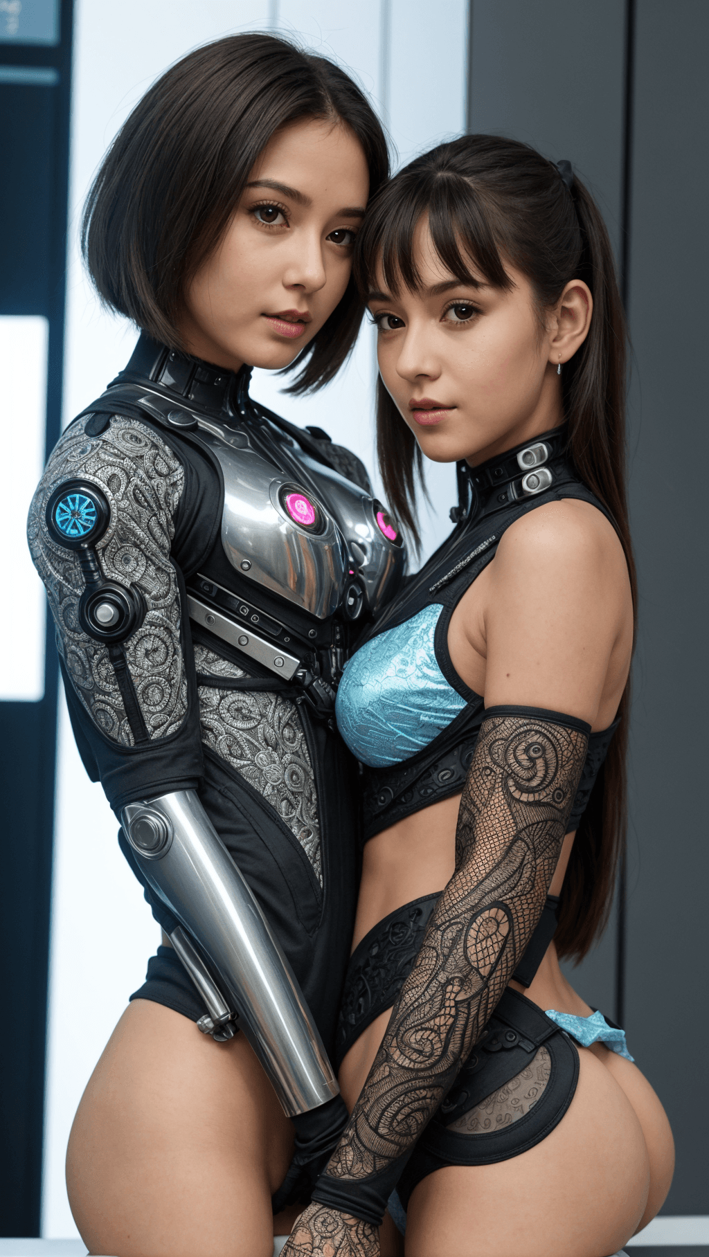 AI generated: a sweety cute mom and baby koalas, curious, cyborg , cyberpunk style, (intricate details), hdr, (int...