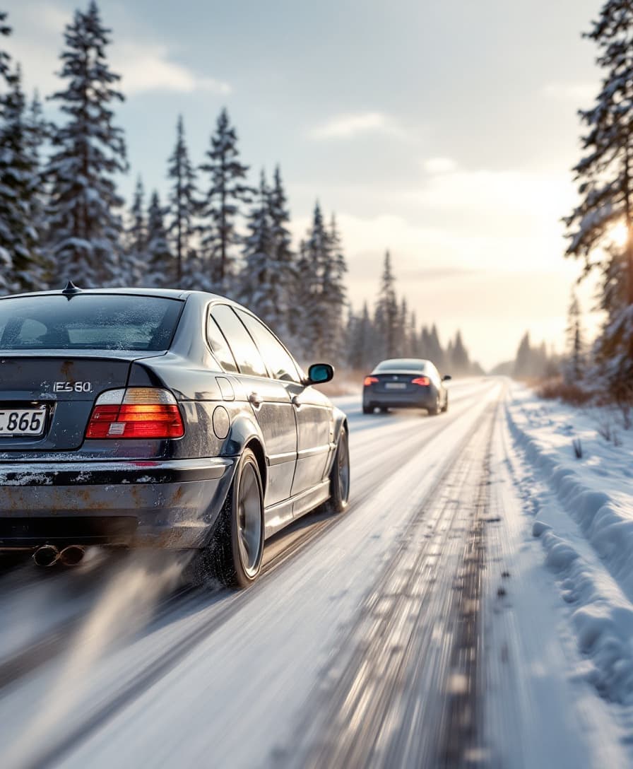 AI generated: A pristine BMW E39, gleaming under the soft winter sunlight, speeds past a weathered, muddy Tesla on...