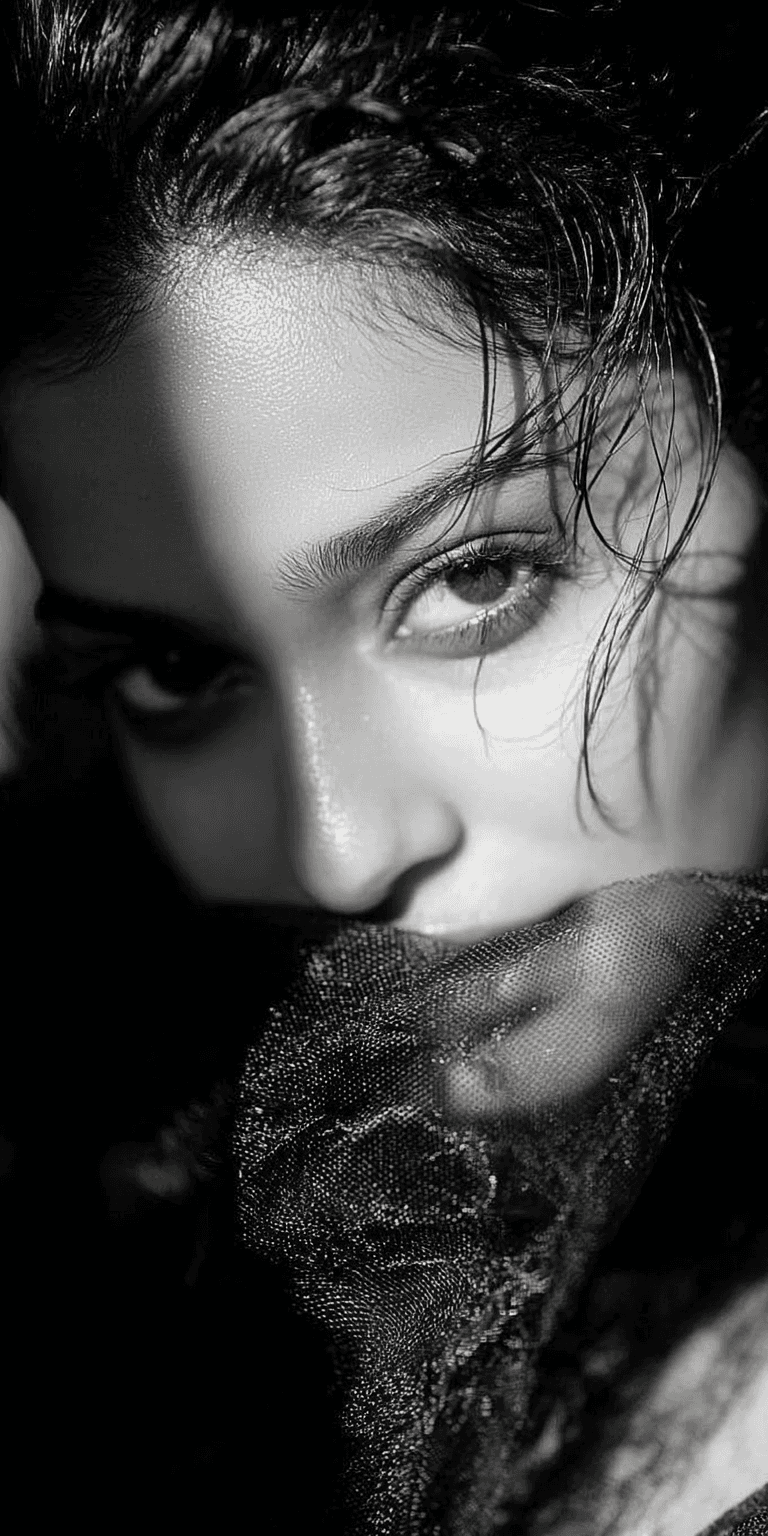 AI generated: Breathtakingly beautiful Indian woman, fashion photography, cover photo, black and white, female mod...