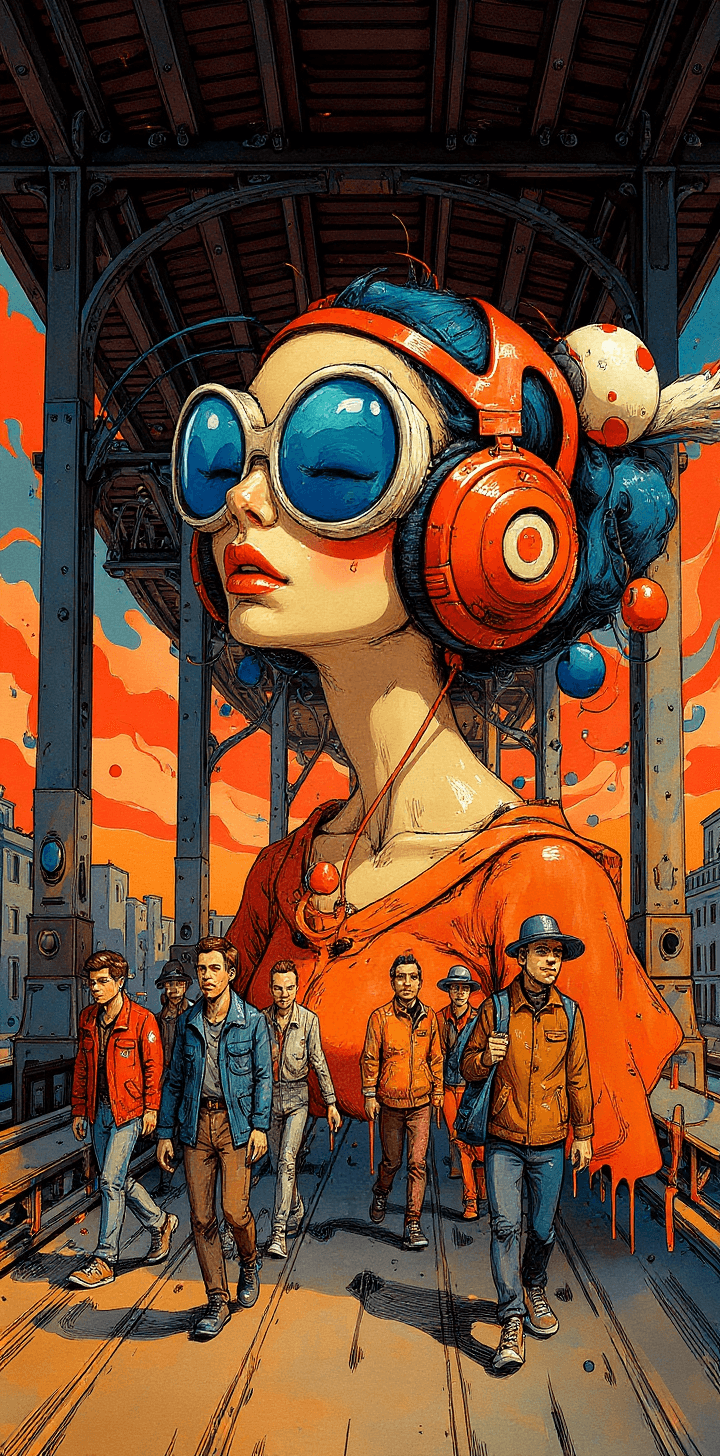 AI generated: People walking underneath a bridge , with a futuristic-looking face, in the style of fantastical con...