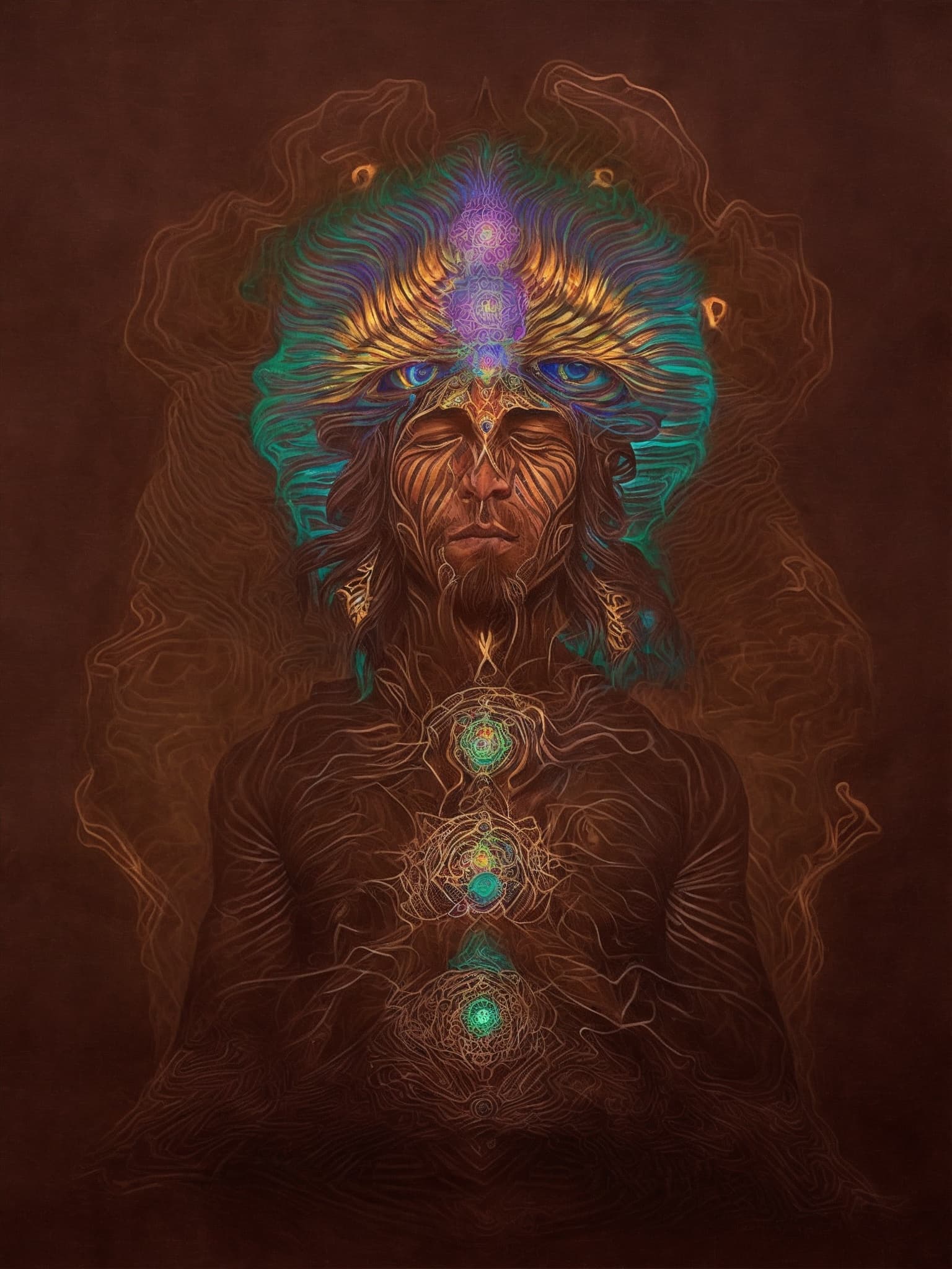 AI generated: Native American male portrait.  Incorporate elements of mandala patterns, third eyes, mandala, chakr...