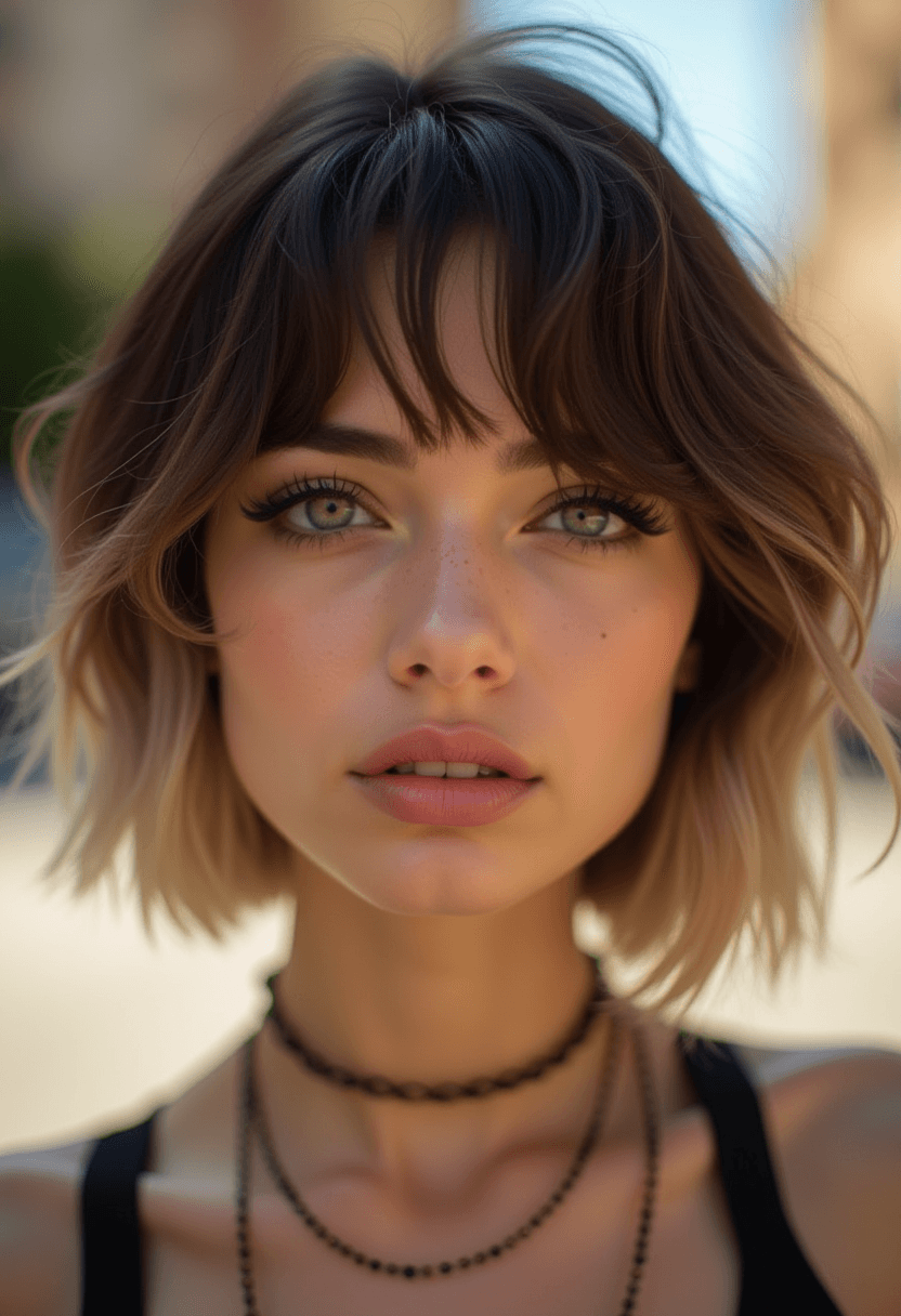 AI generated: photograph of a beautiful hipster woman, mascara, eyeliner, dark cheeks, expressive lips, alluring n...