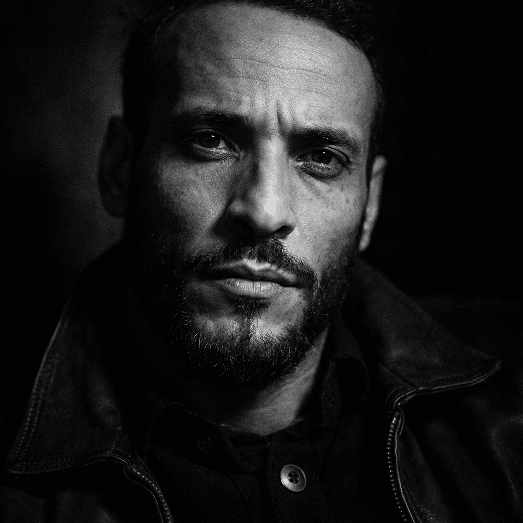 AI generated: Ultra-realistic black and white cinematic portrait of a man, dramatic side lighting, deep shadows, s...