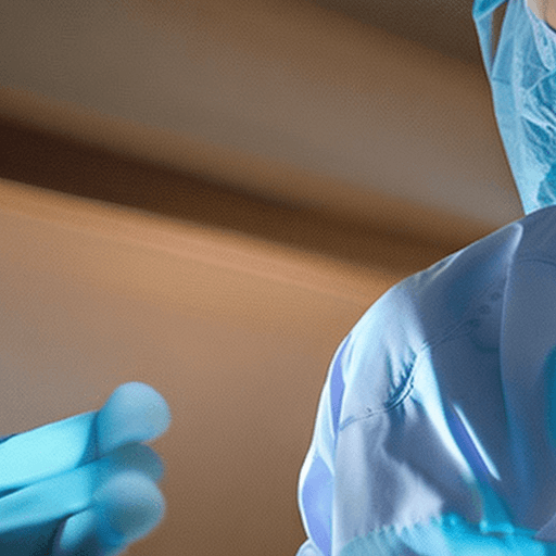 AI generated: A female surgeon in a surgical gown and latex gloves in a dark operating room looks at you