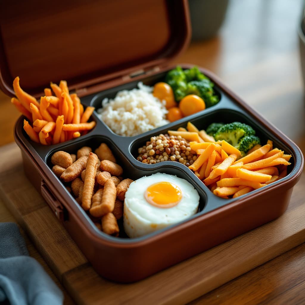 AI generated: A lunchbox or bento-style container with clearly sectioned portions dslr, ultra quality, sharp focus...