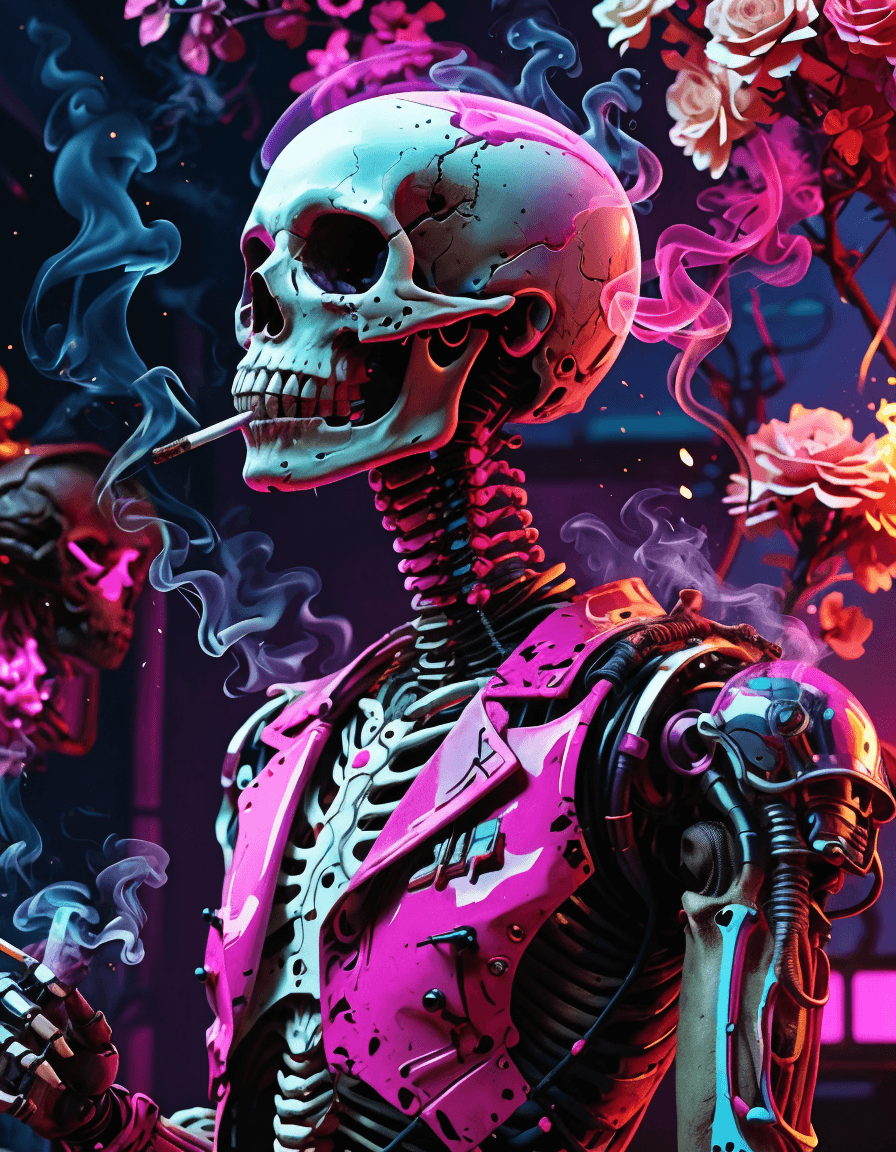 AI generated: A smoking skeleton, Modern era, Mixed colors with prominent use of purples, pinks, and earth tones