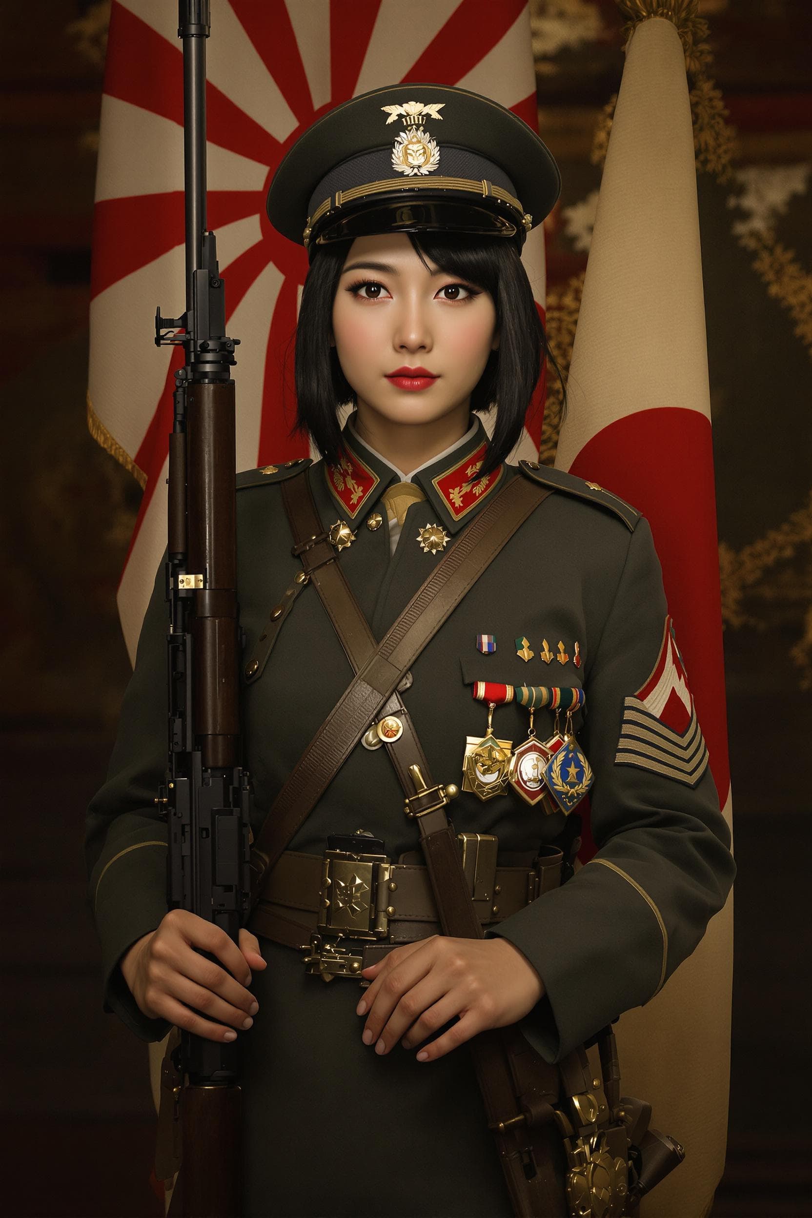 AI generated: Paint a beautiful japanese army girl,black hair,japanese empire ww2 officer uniform ,arisaka bolt ac...