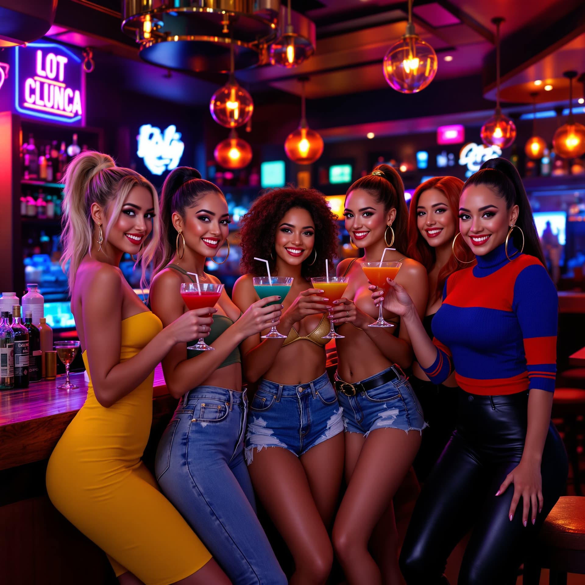AI generated: Hyper-realistic, ultra high-definition wide panoramic scene inside a stylish bar, showing six stunni...