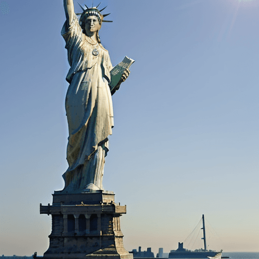 AI generated: Statue of liberty looking down on titanic sailing in to port on a sunny day,  blonde lady looking up...