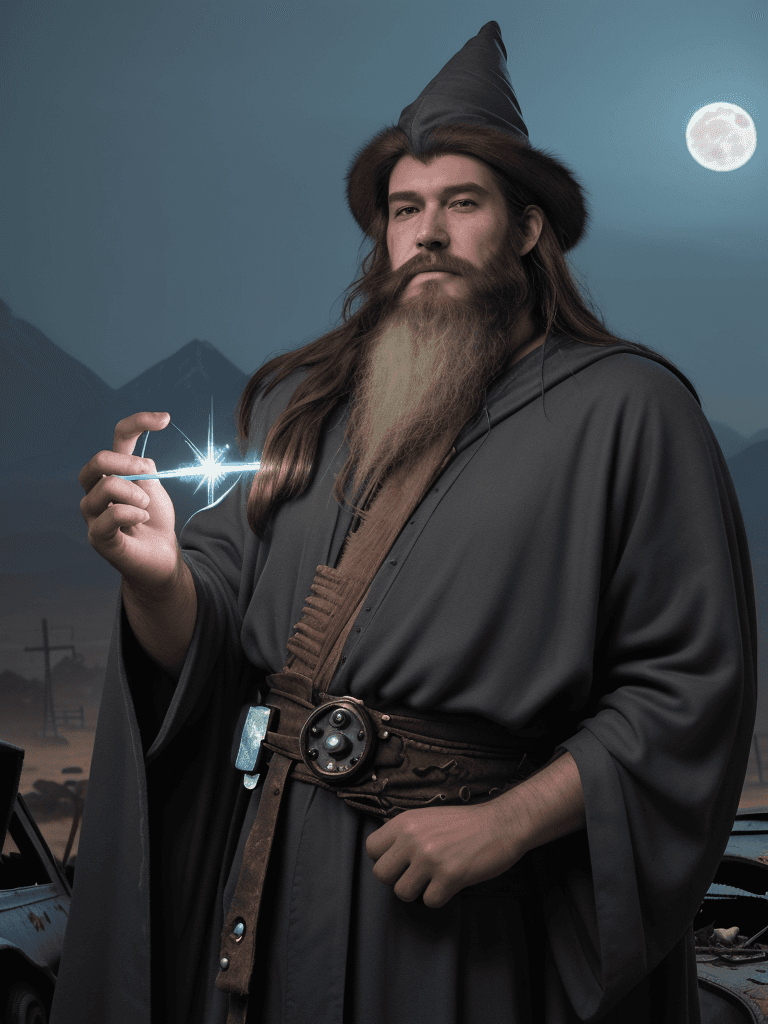 AI generated: face-on, high quality, solo focus, (high detail:1. 1), dramatic lighting, jetpunk wizard (1.2), moun...