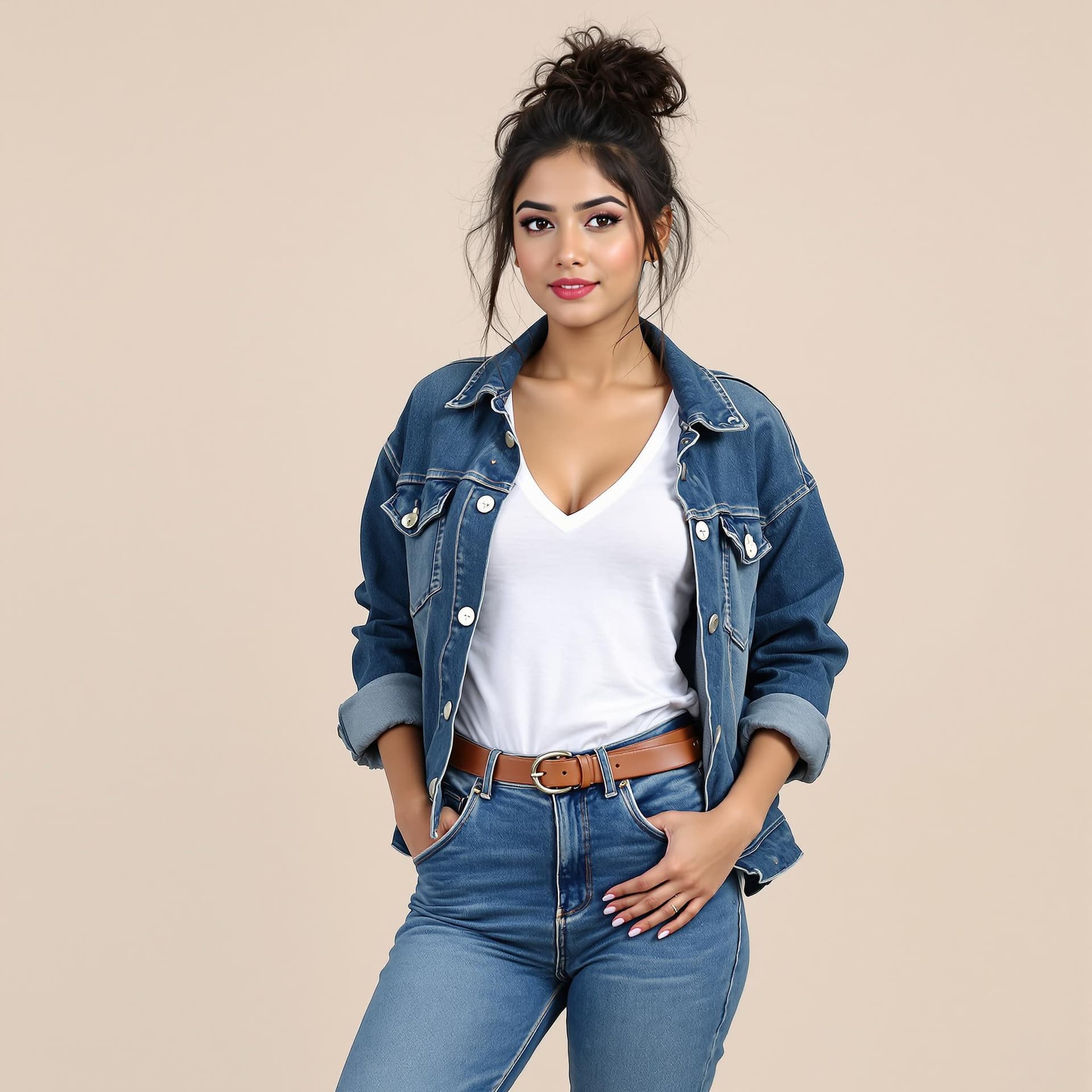AI generated: A young Beautiful Indian woman in a casual and confident pose, standing slightly angled to her left ...